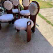 Set of 4 vintage dining chairs in brown pine and white fur by Szedleczky (1970s)