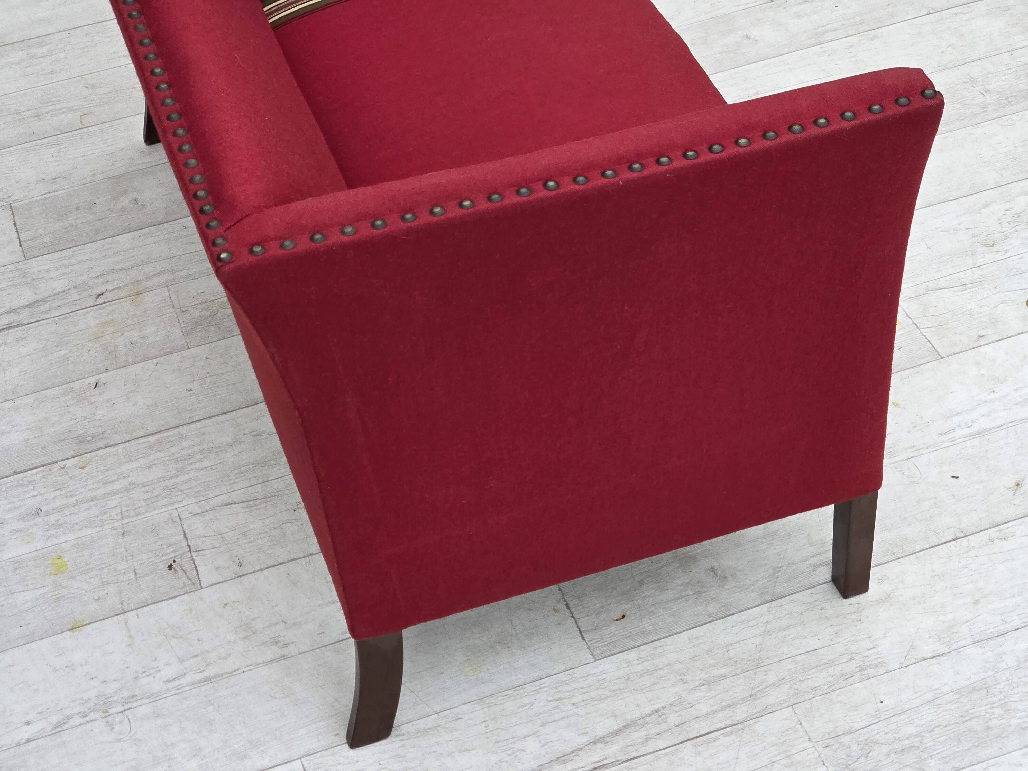 1970s, Danish 2-seater sofa, original red furniture wool, ash wood.