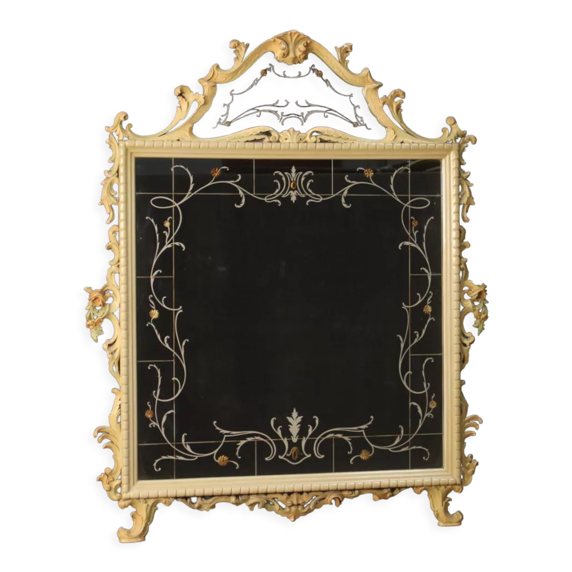Italian lacquered mirror with floral decorations from 20th century