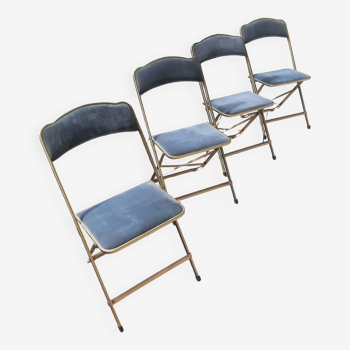 Set of 4 pretty folding chairs - water green back and seat - gold metal structure -Chaisor