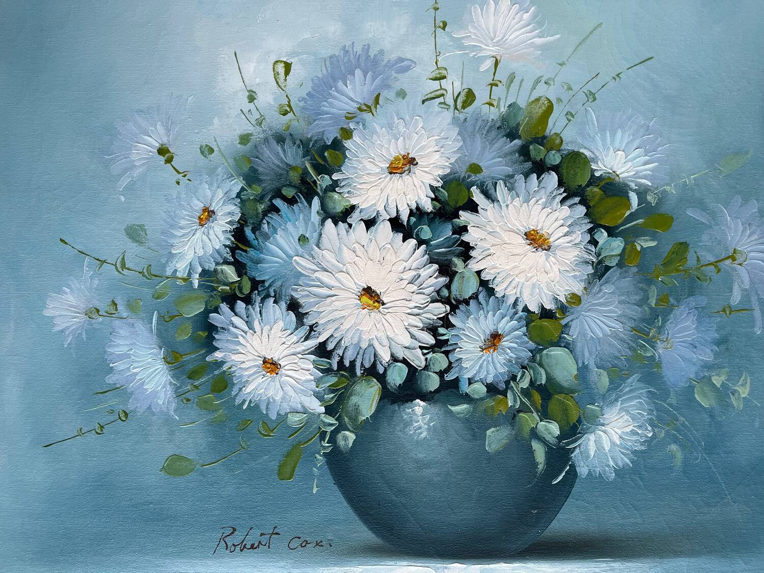 Tableau : huile sur toile nature morte au bouquet de Dalhias blancs