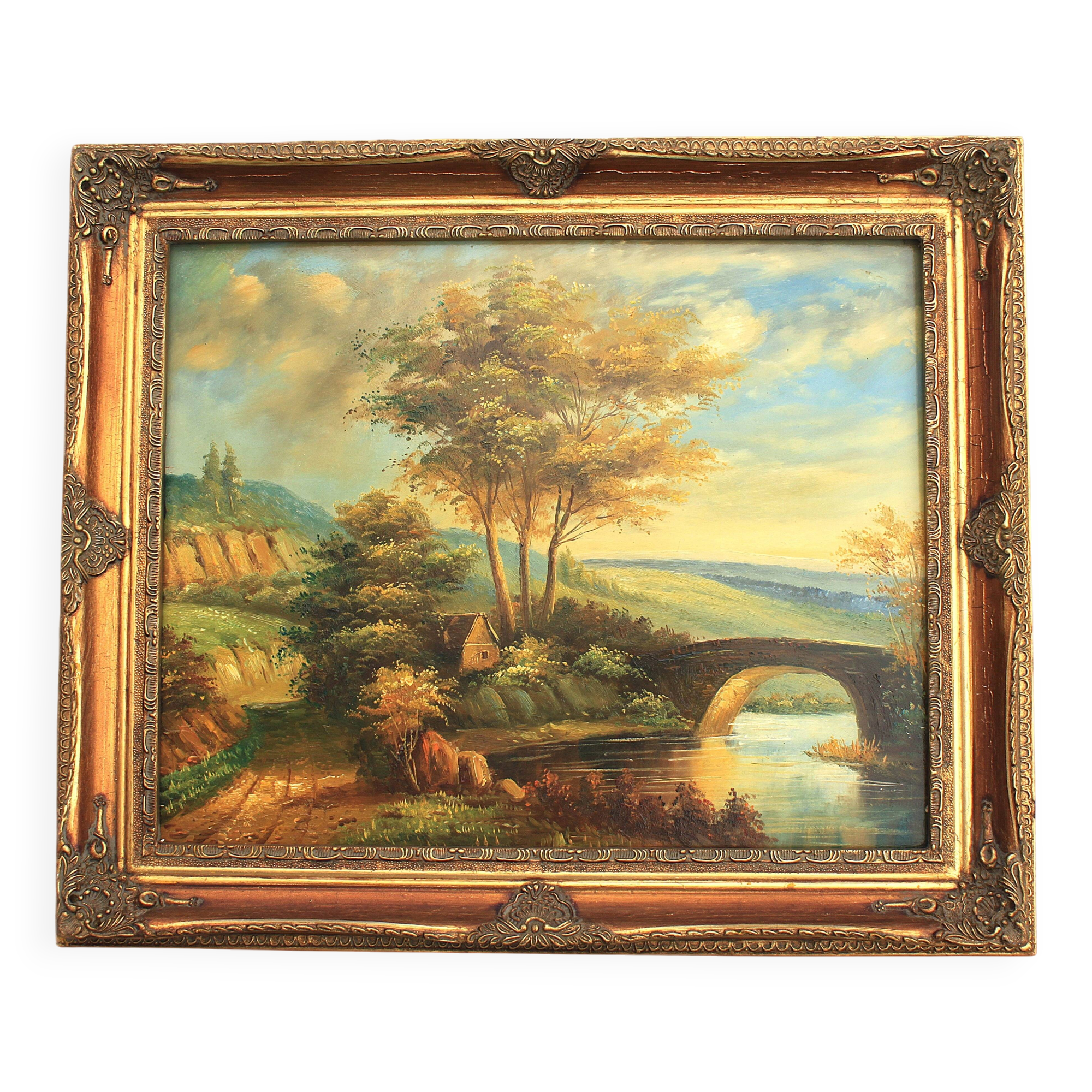 Cuadro con marco barroco de madera. Paisaje al óleo. Marco barroco.
