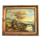 Cuadro con marco barroco de madera. Paisaje al óleo. Marco barroco.