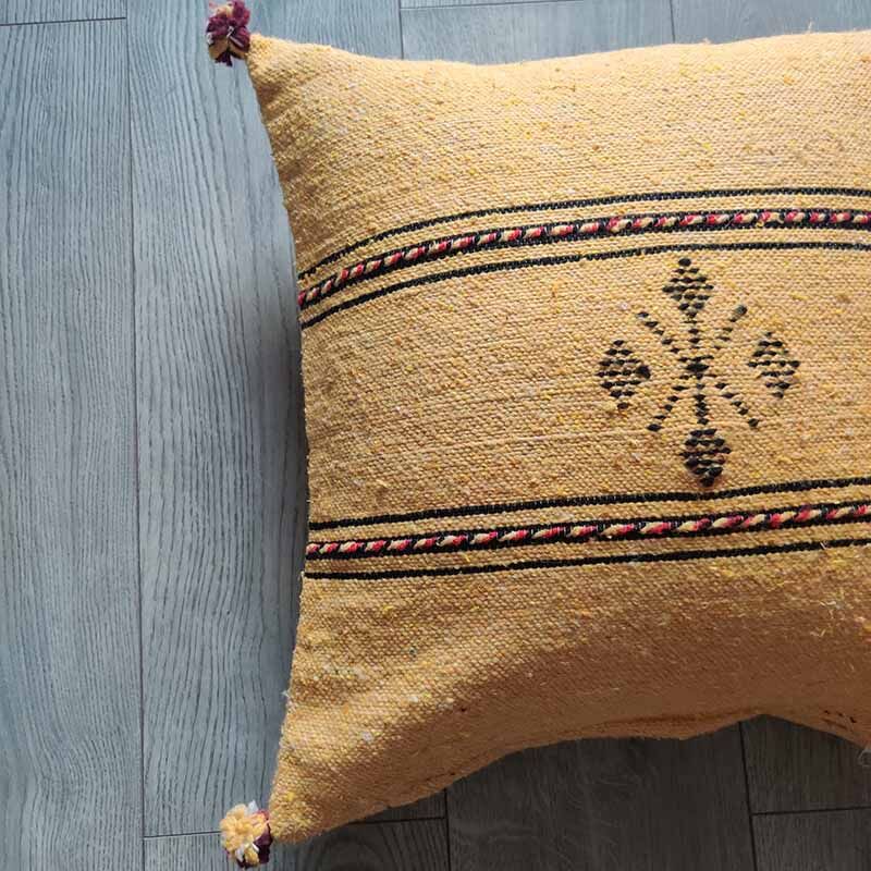Yellow Berber cushion with cotton pompom