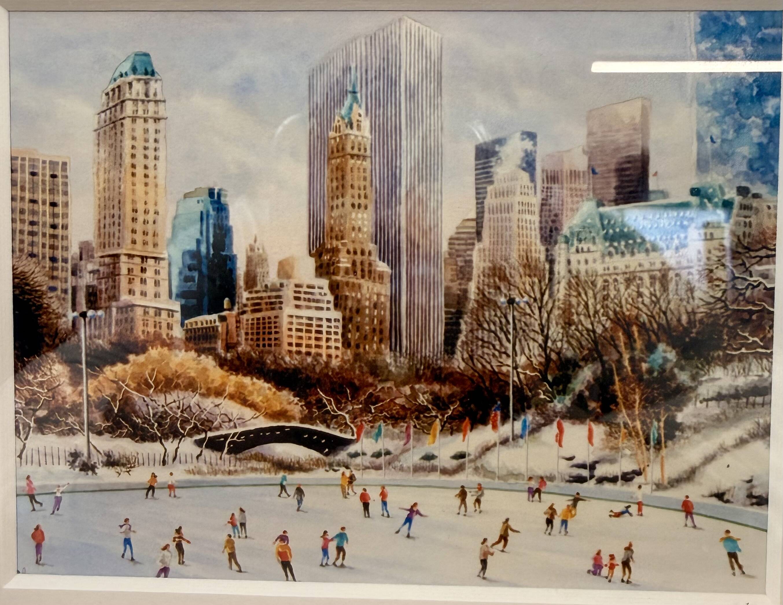 Print by Michael J. Leu – winter urban scene – framed