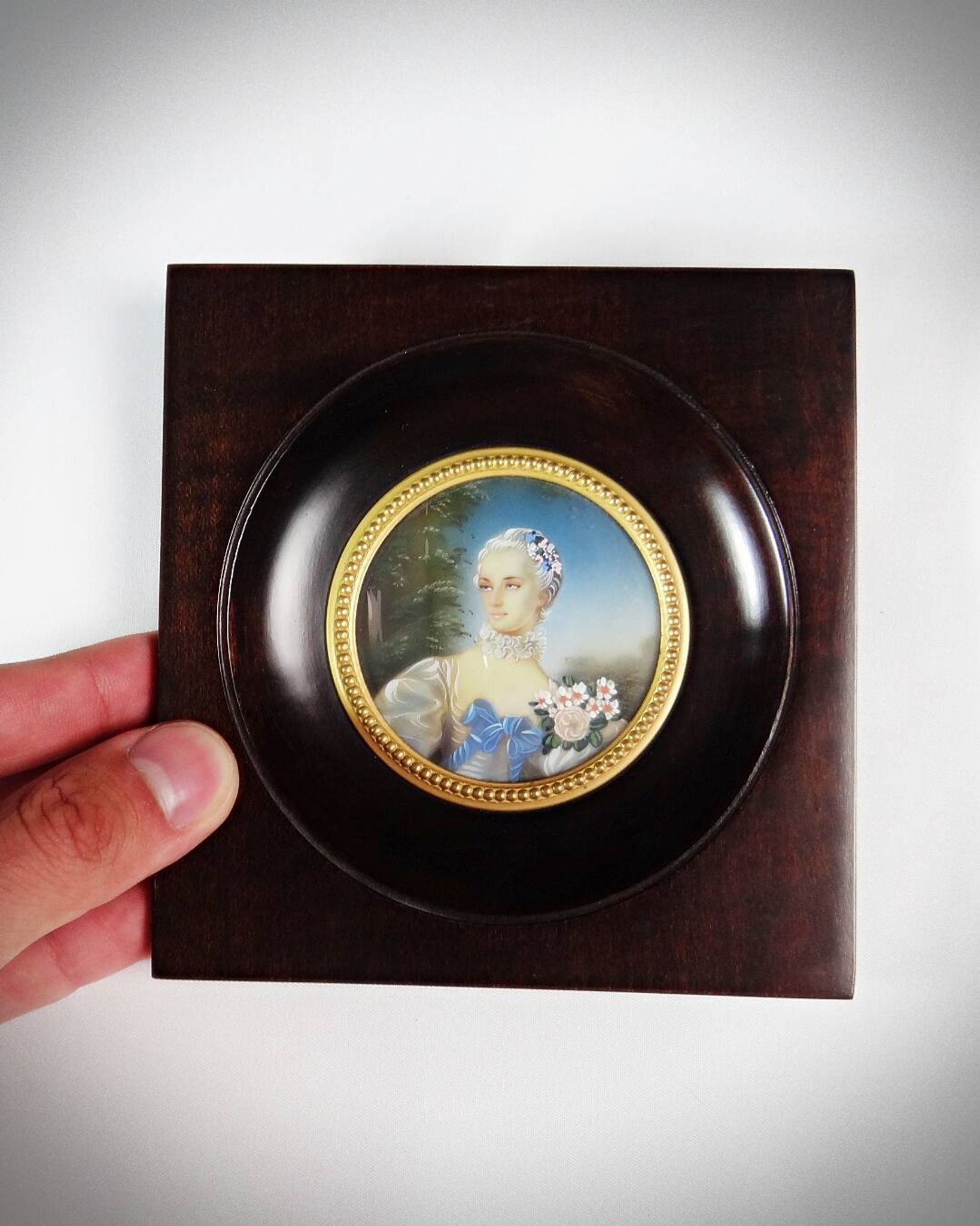 Miniature portrait of Madame Bergeret by Bouchet, hand-painted gouache, 19th century