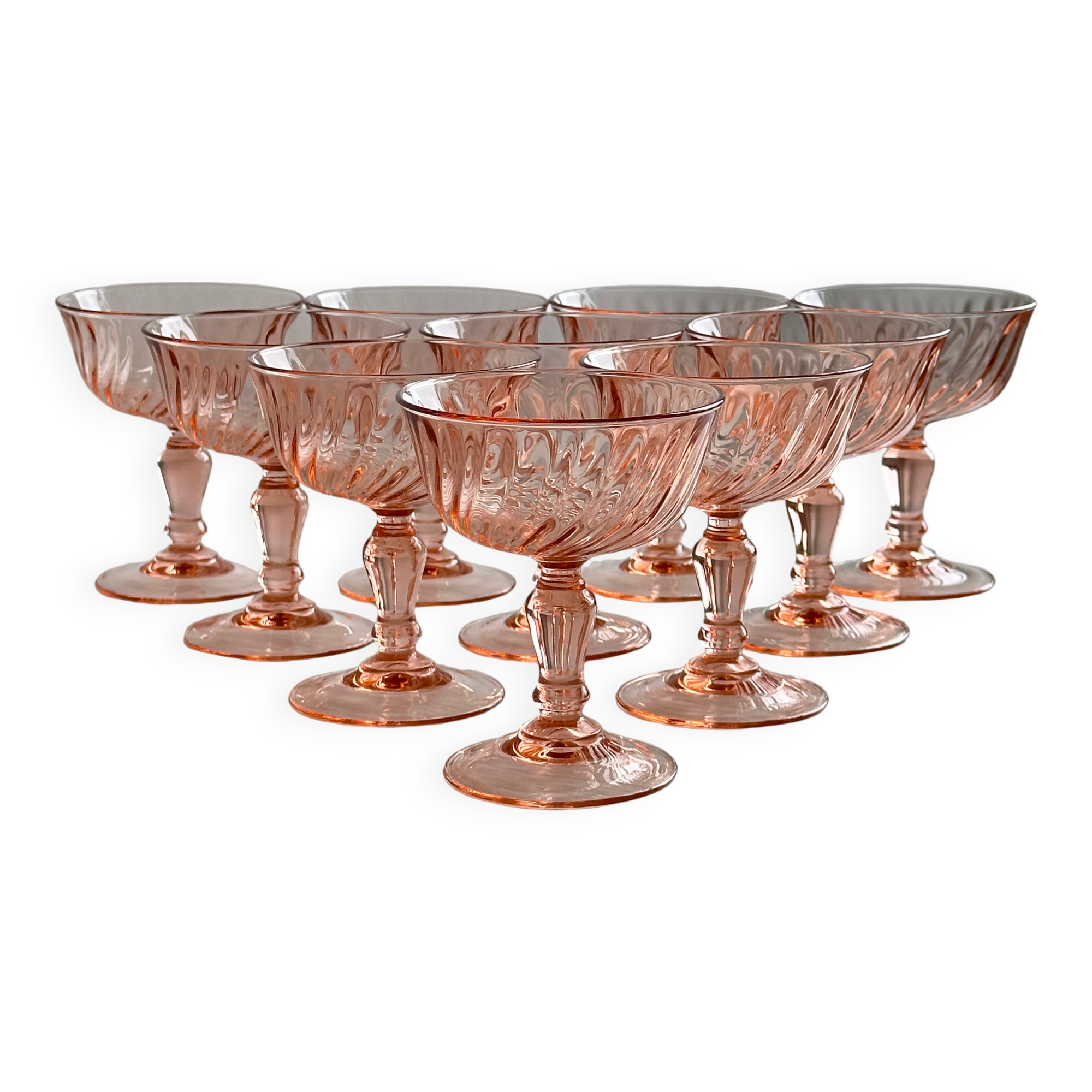 10 Vintage Twisted Pink Glass Champagne Coupes