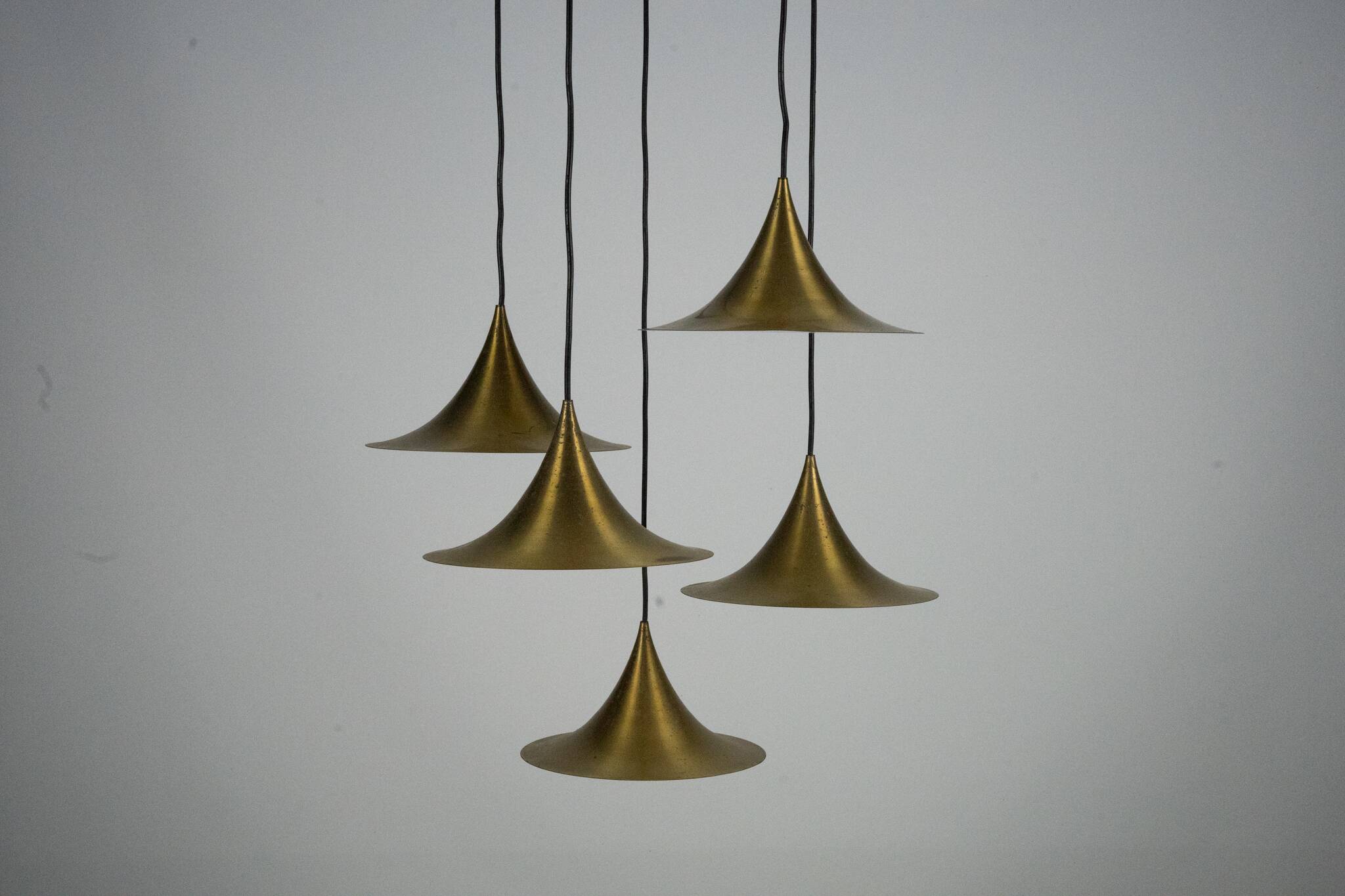 Fog & Morup, Midcentury Brass Pendant with Five Pendant Drops. Danmark 1960