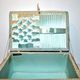 Book basket - vintage stitch box in woven rattan and blue scoubidou 1960 worker