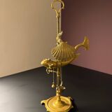Antique brass oil lamp with fish decoration – marine object – cabinet
