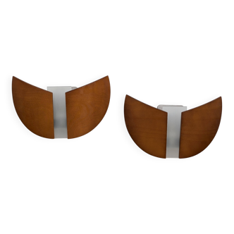 Pair of wood and glass wall lights from the 80s.