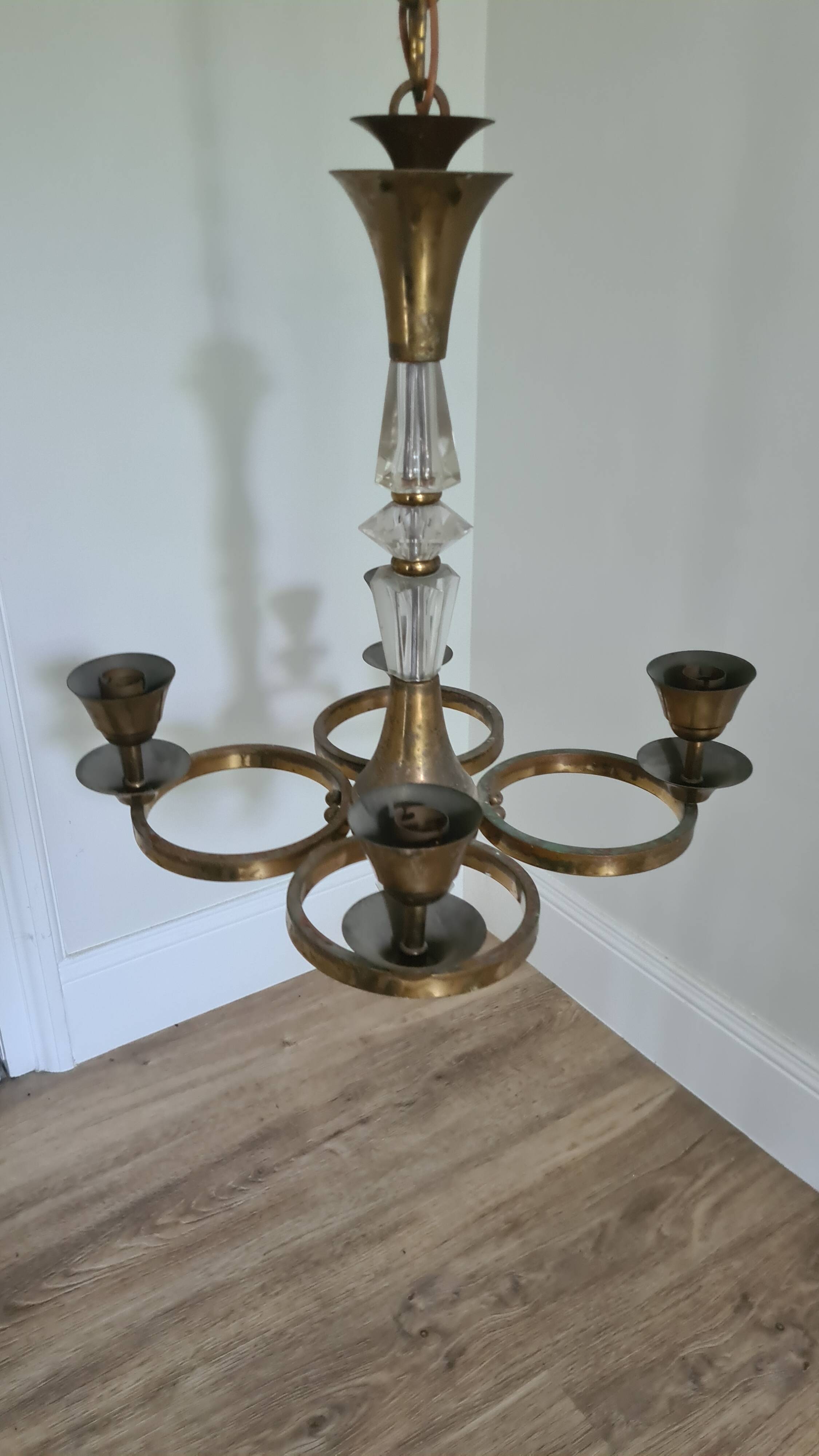 Old brass and glass chandelier / 60s