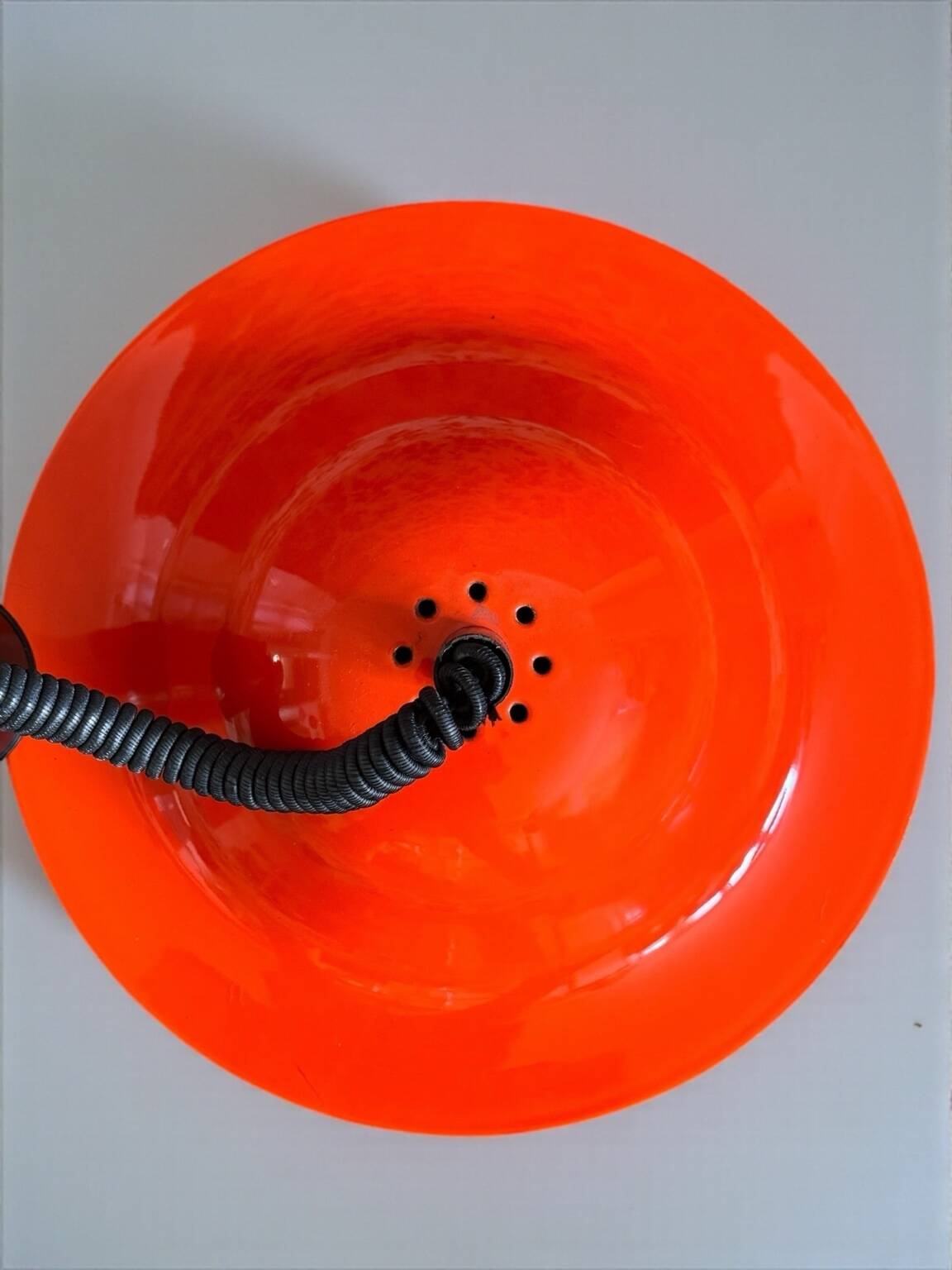 Vintage orange enameled metal pendant light – space age design – 1970s