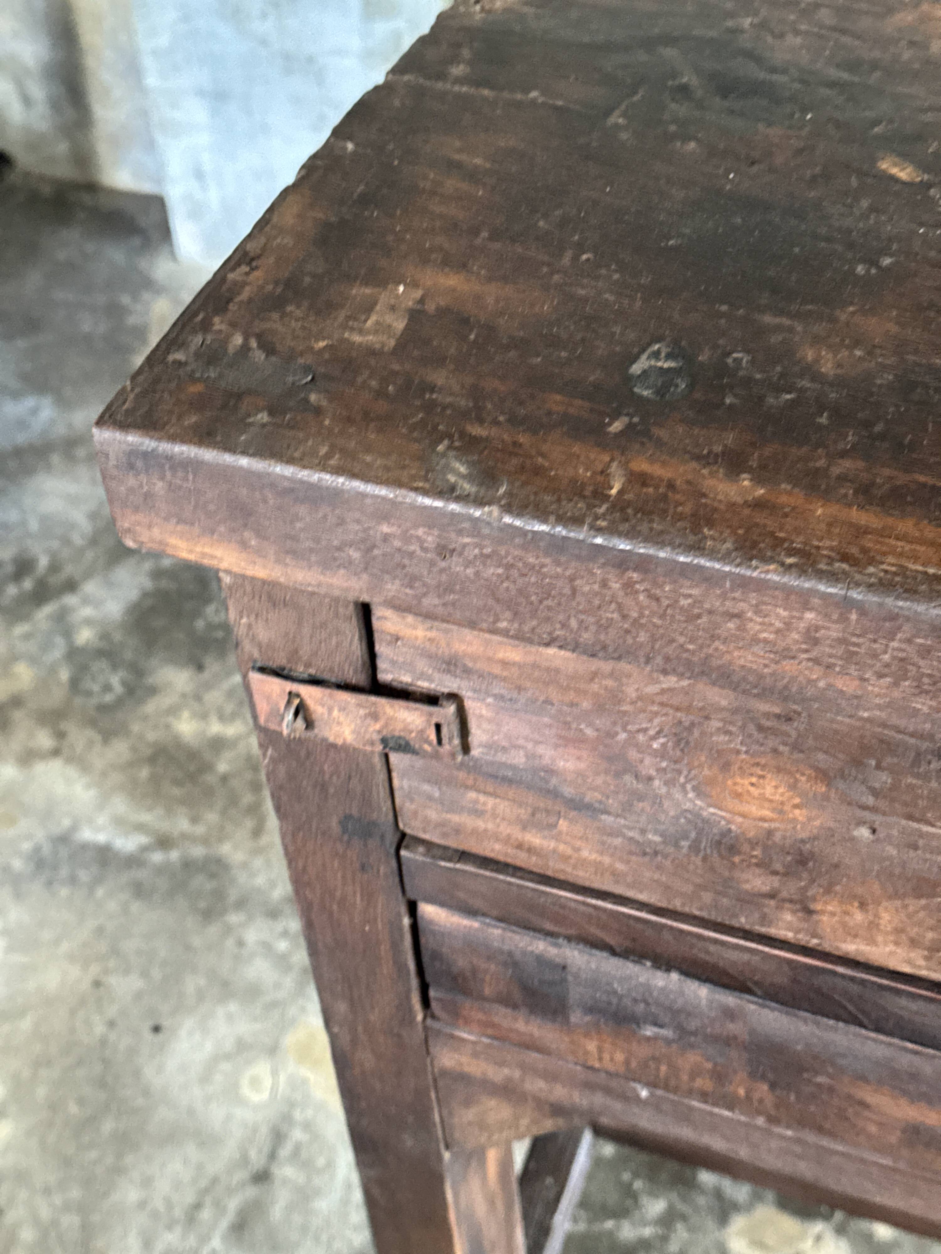 Antique Indonesian teak workbench with two drawers and stretcher H89.