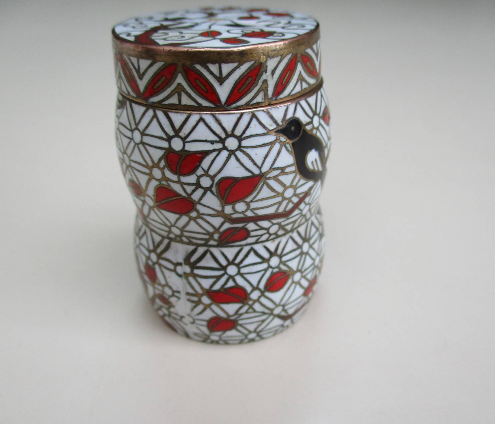 Tall cloisonné enamel box decorated with birds