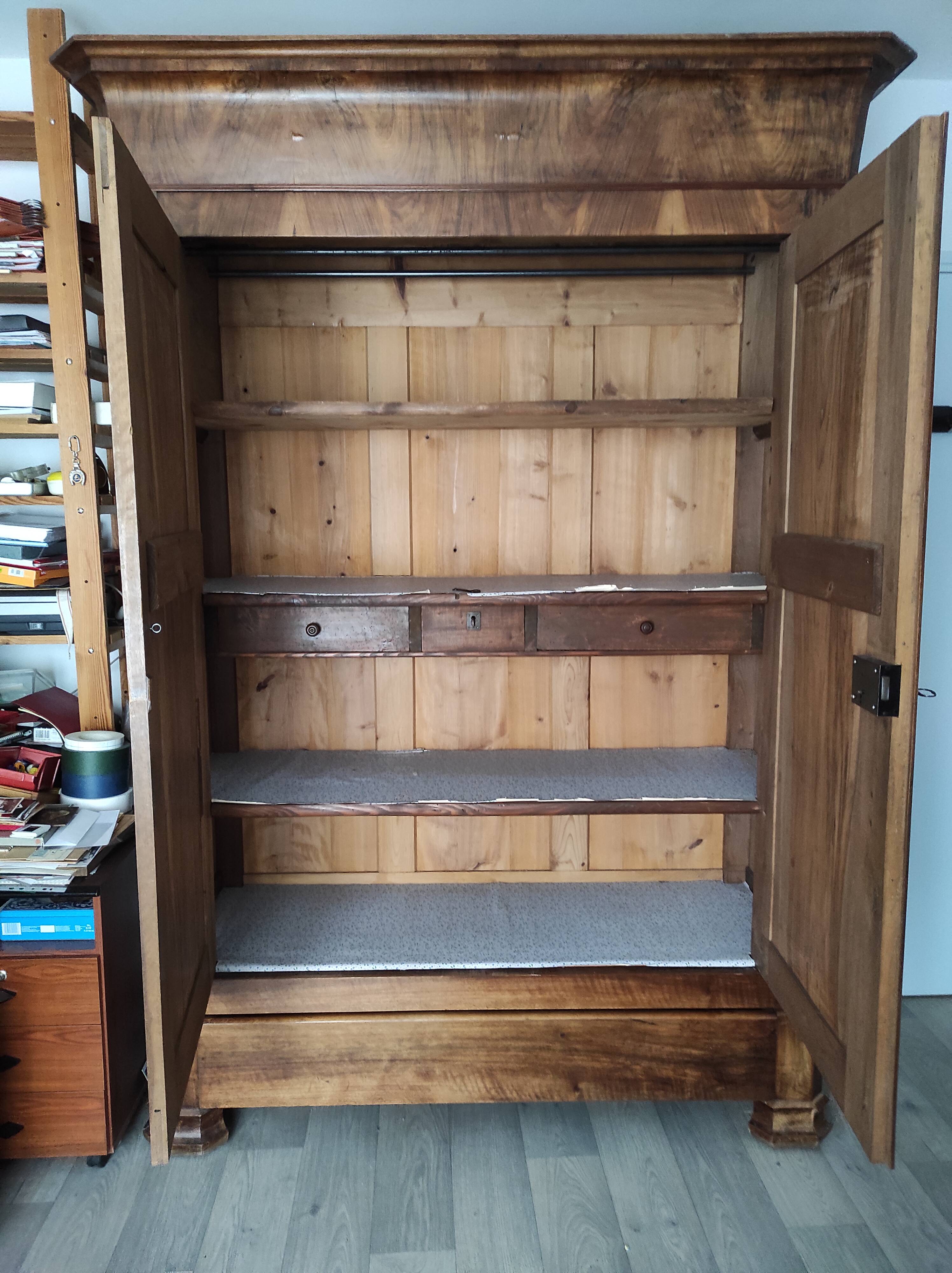 Old walnut wood cabinet with hat and 2 drawer doors