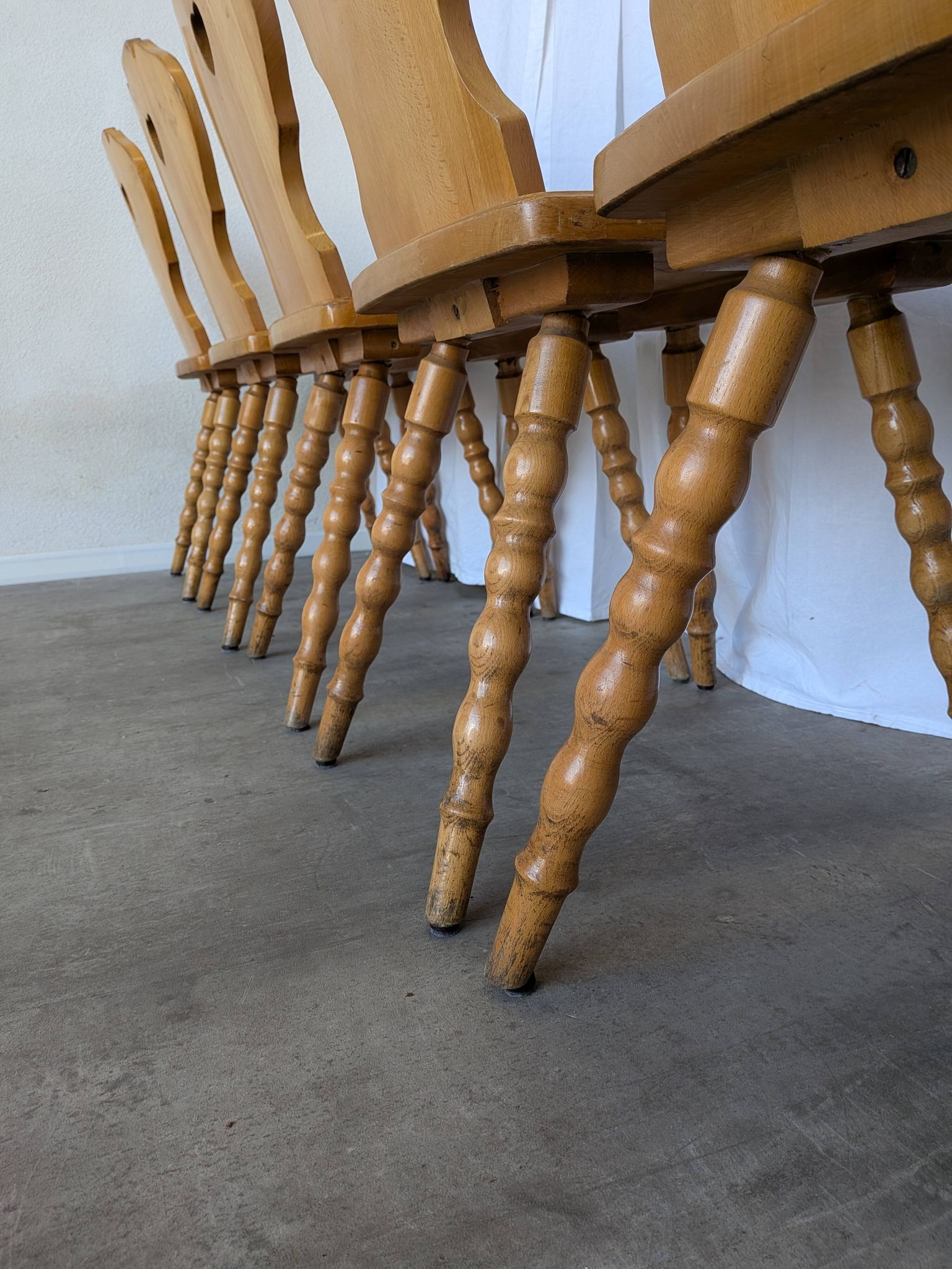 Set of 6 Vintage Tyrolean Heart Cutout Wooden Dining Chairs, Farmhouse