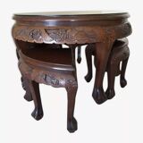 Carved coffee table and 4 built-in stools