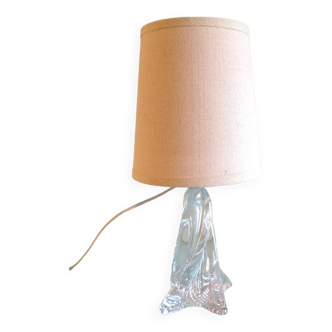 Bedside lamp with glass base and beige fabric lampshade / vintage 60s-70s