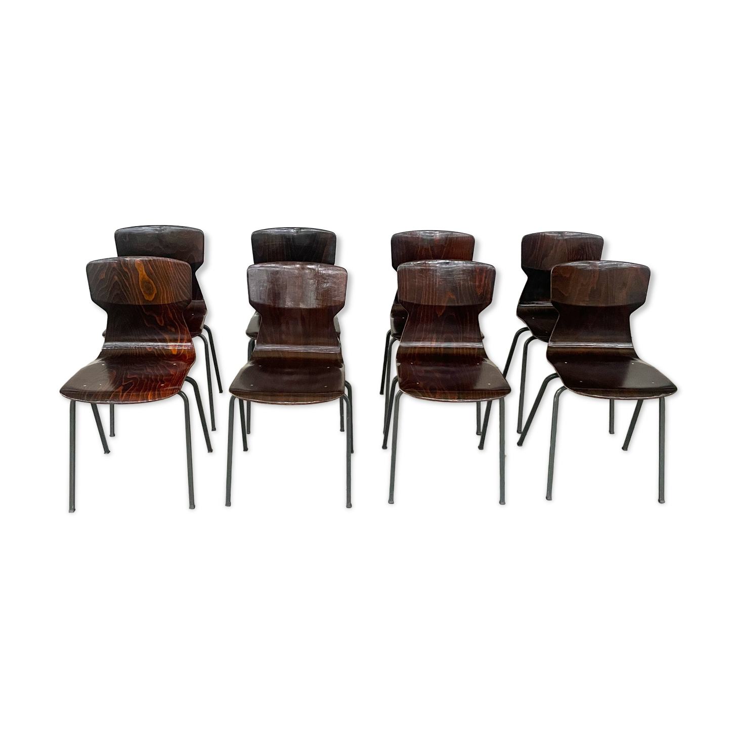 Set of 8 wenge wood chairs and gray green steel