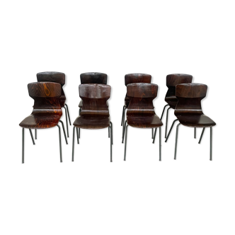 Set of 8 wenge wood chairs and gray green steel