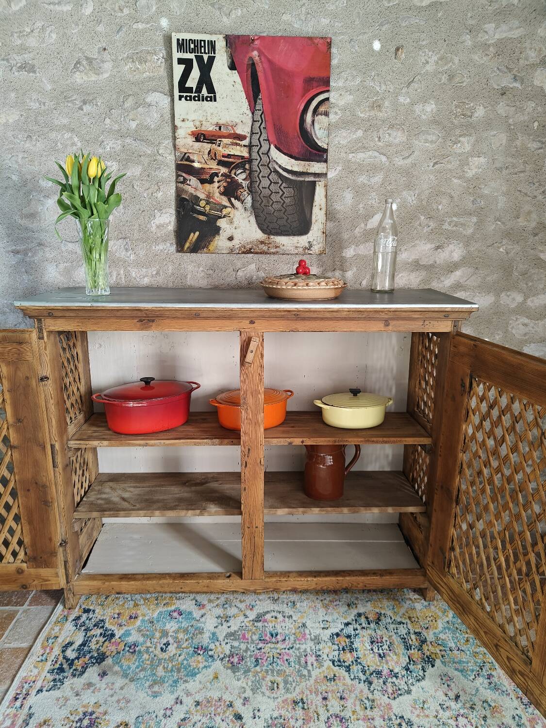 Antique solid pine sideboard with zinc top.