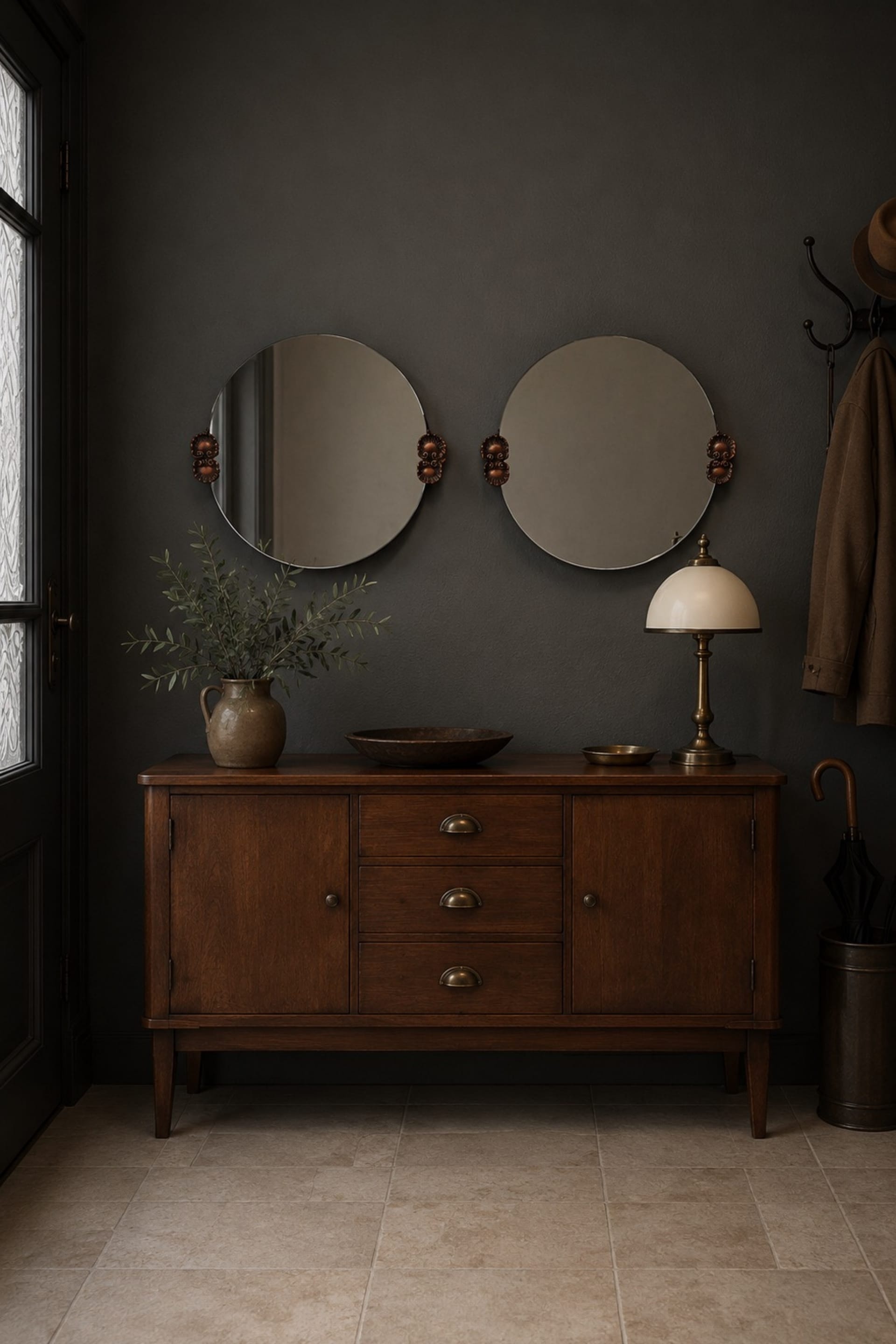 2 round mirrors made of copper alloy, 1940s-1950s