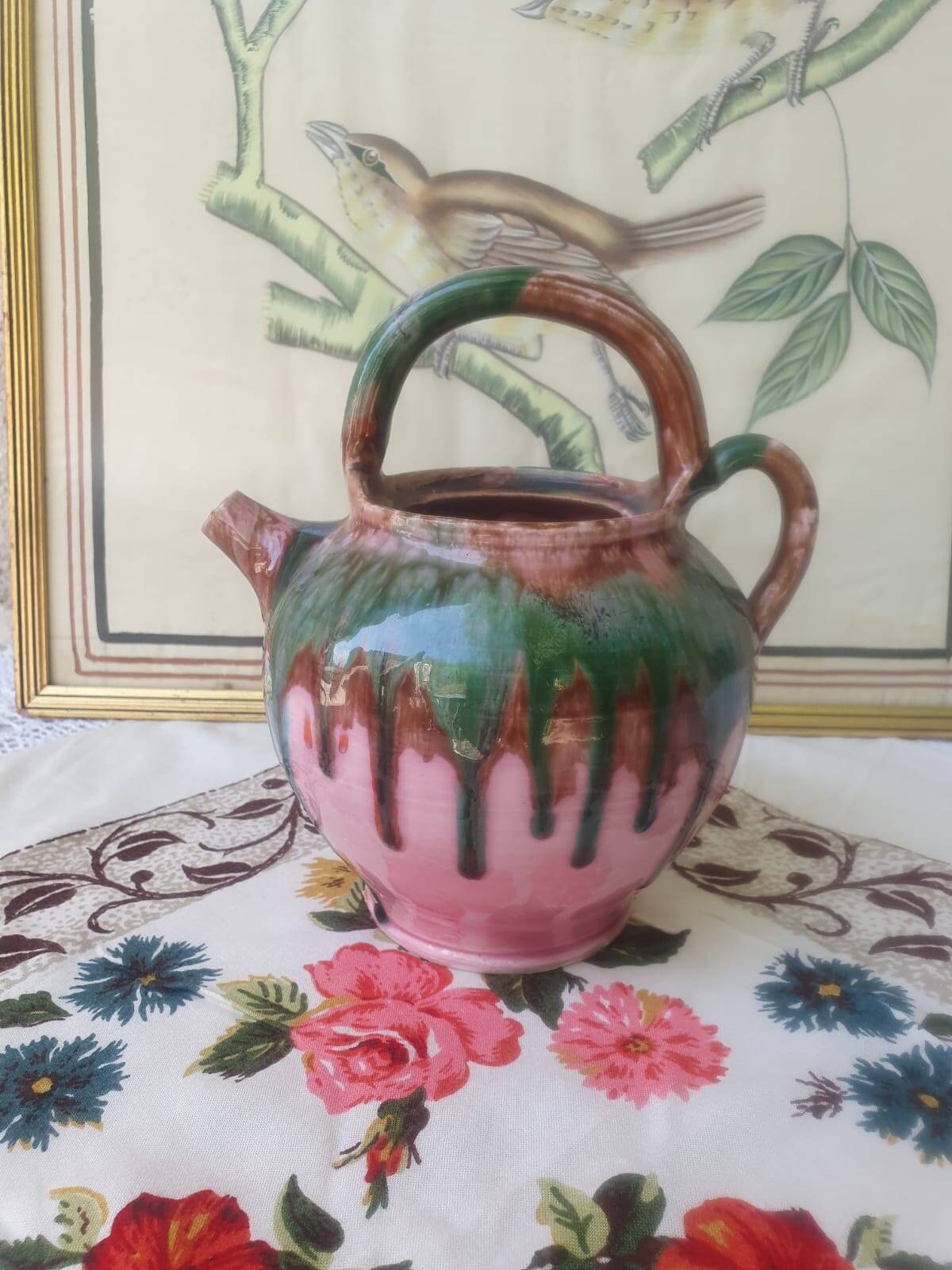 Jug pitcher Provençal earthenware glazed with pink and green glaze.
