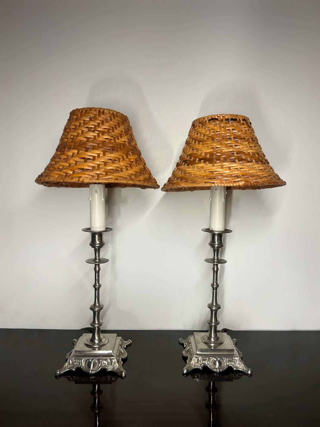Old rattan candle holder lamps (X2)