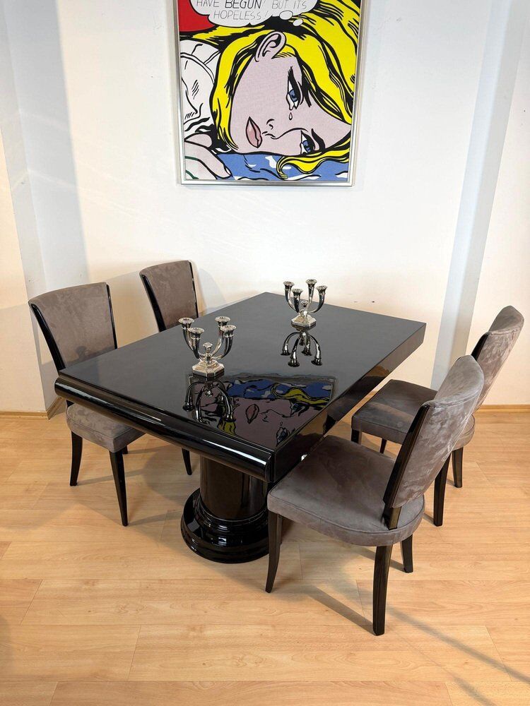 Art Deco dining table in black piano lacquer & metal, 1930