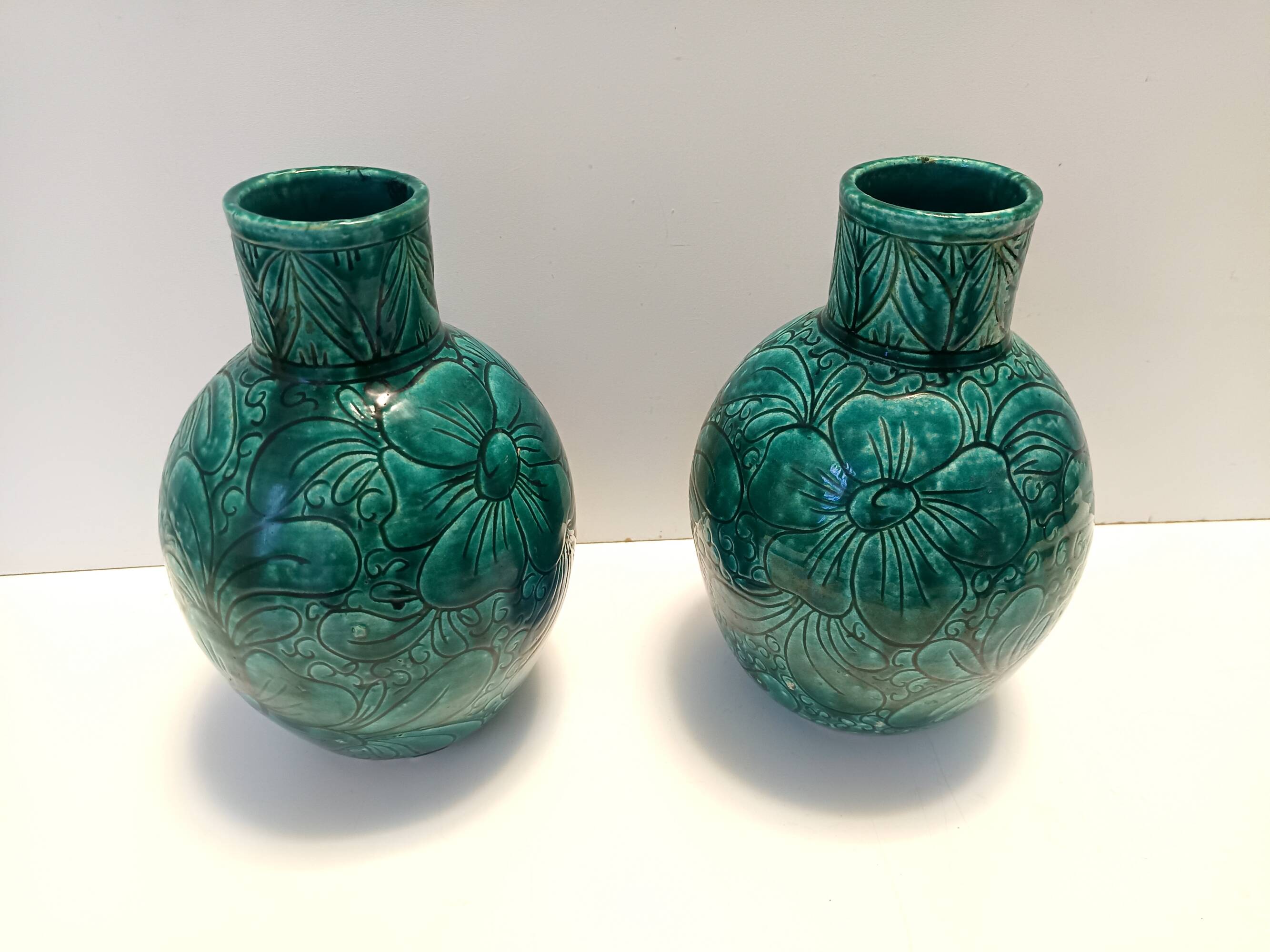 Pair of Handcrafted Green Ceramic Vases by Fanciullacci, Italy