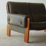 Olive leather two seater sofa, 1970'