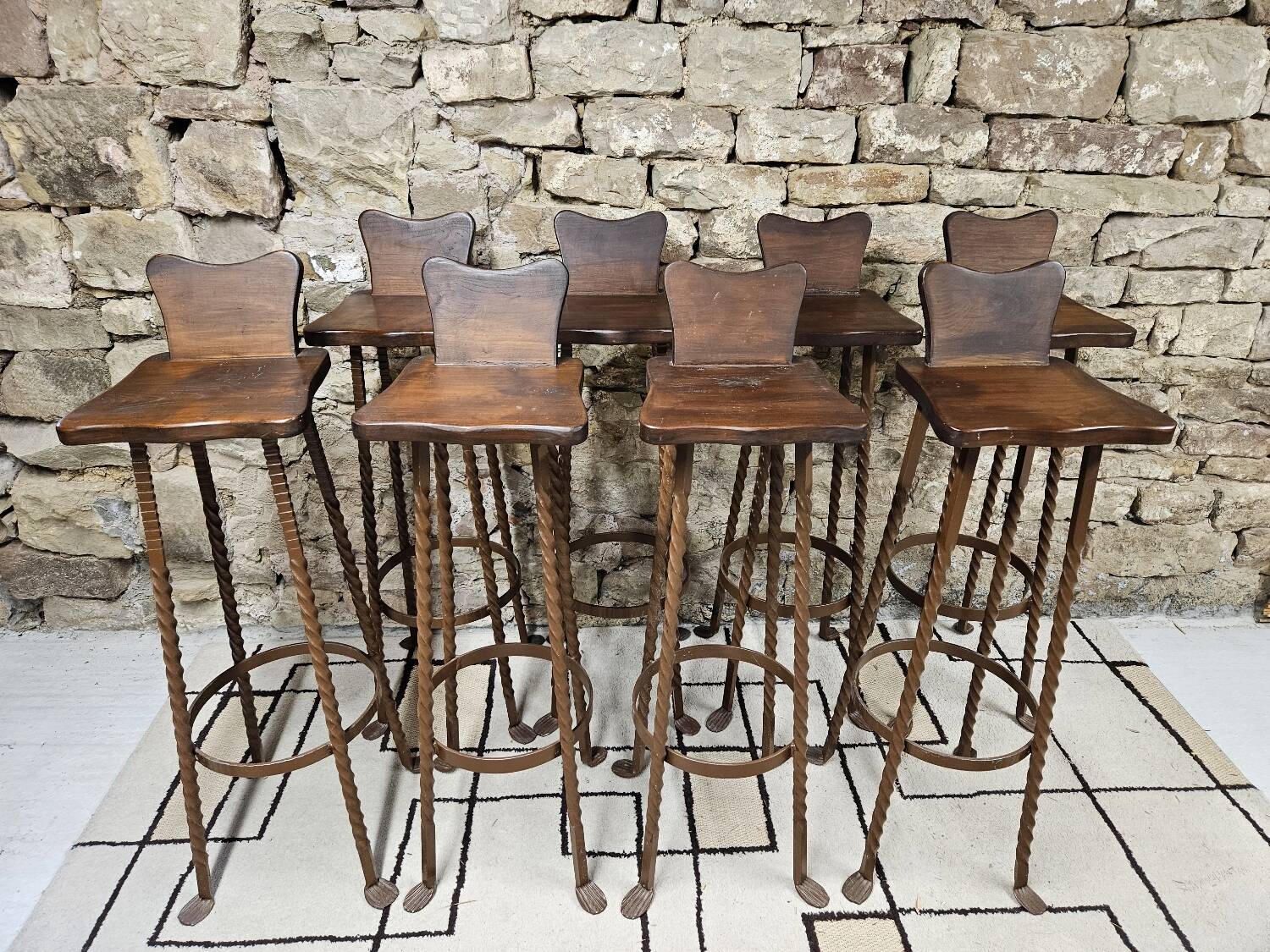 Set of 8 brutalist wrought iron bar stools 1970"