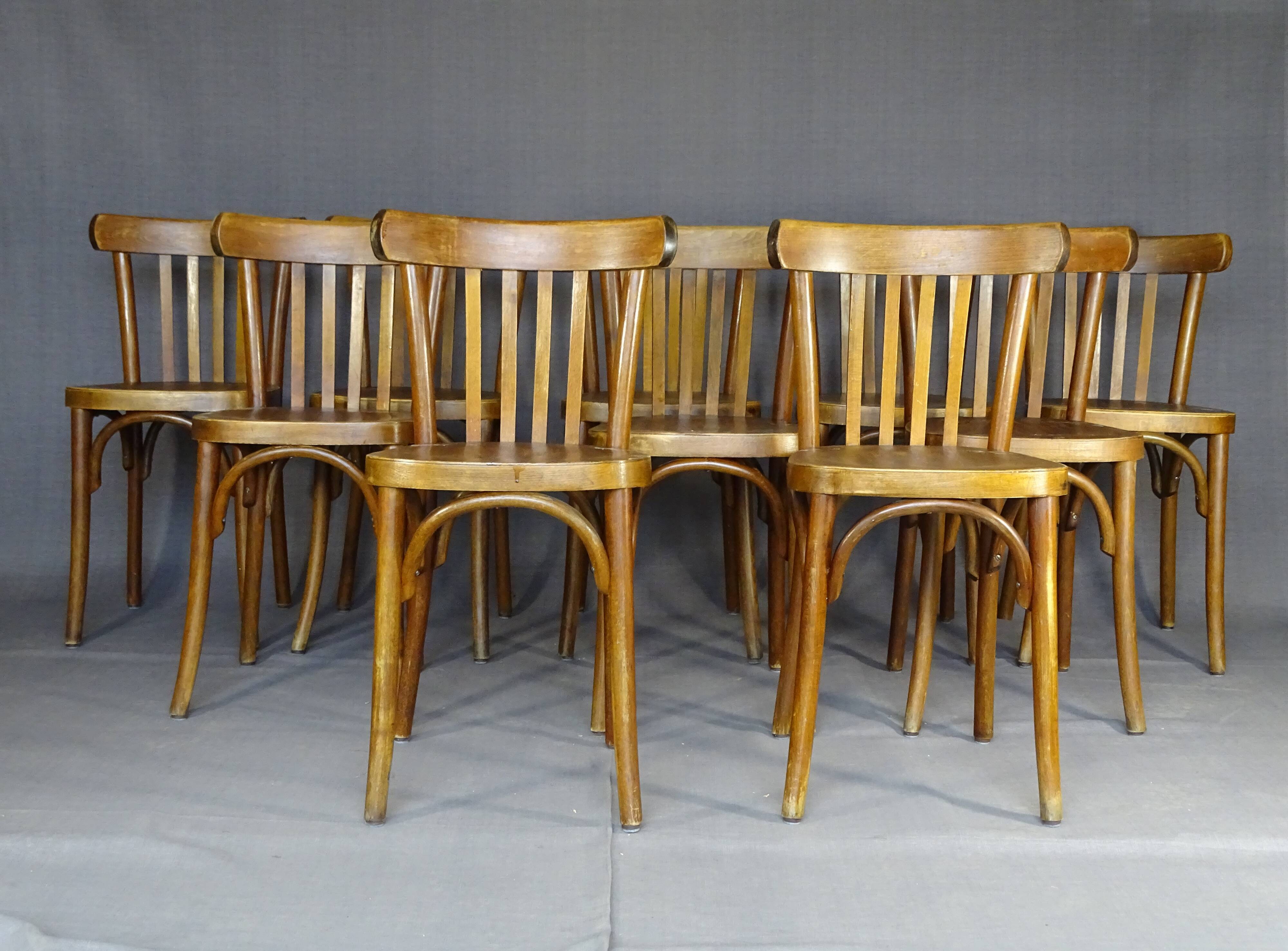 Set of 10 1960s curved wood bistro chairs ready for service