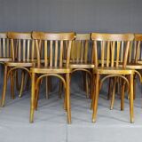Set of 10 1960s curved wood bistro chairs ready for service