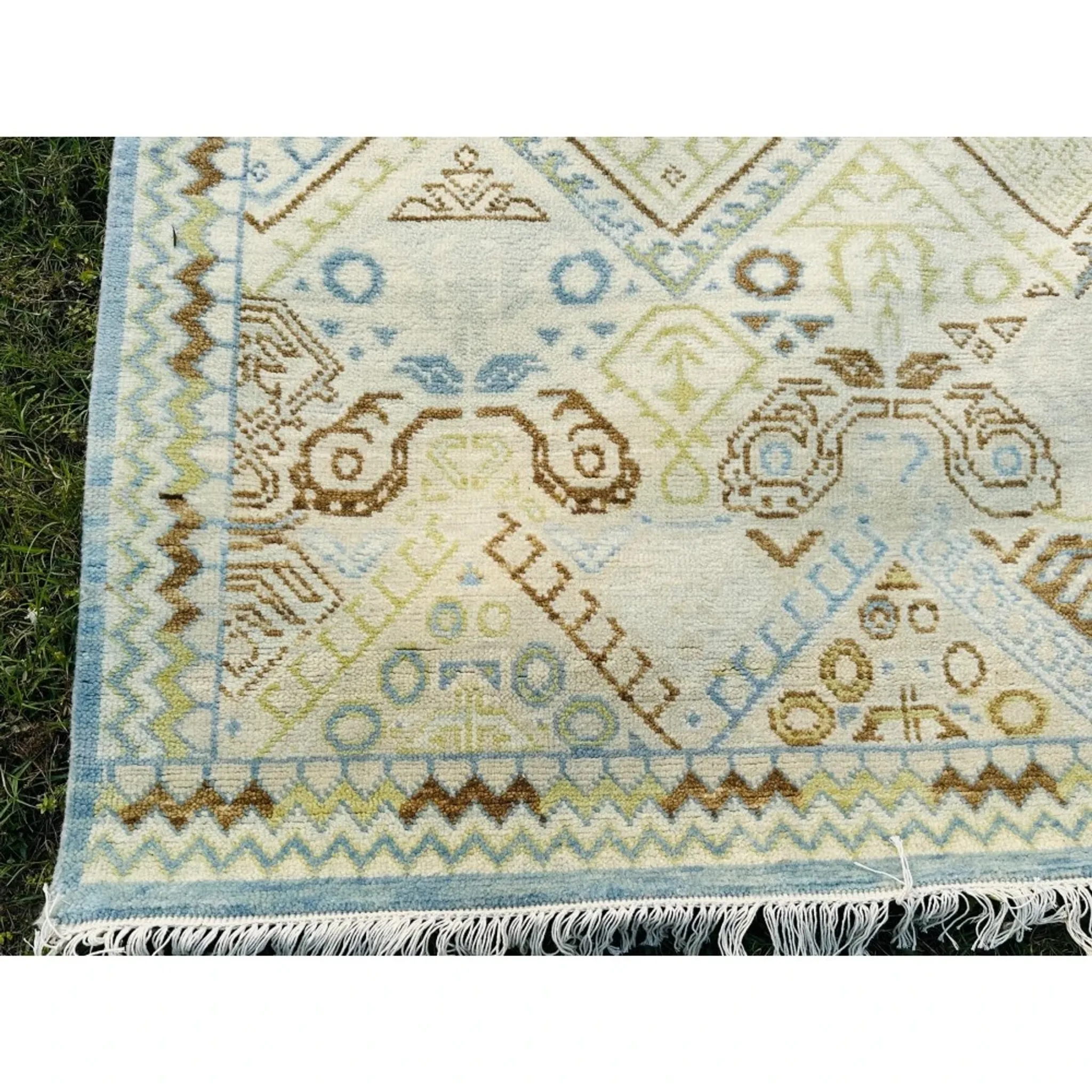 Hand-Knotted Wool Area Rug, Oushak Ivory Sage Green Design Carpet for Living Room