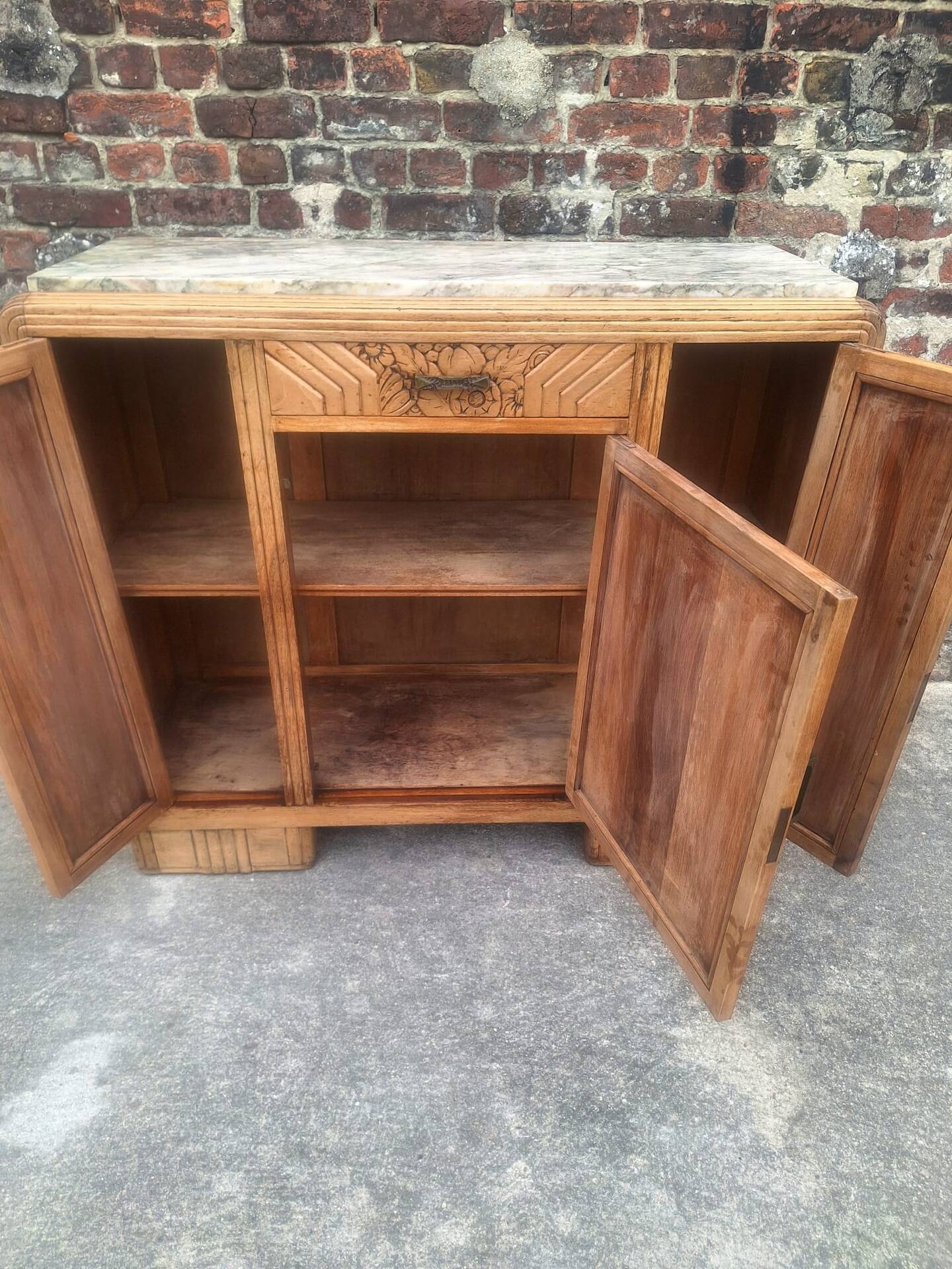 Art Deco buffet with marble top, antique sideboard.