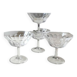 Lot.4. x Cut crystal champagne glasses. Baccarat style. Scale patterns. Multifaceted hexagonal foot