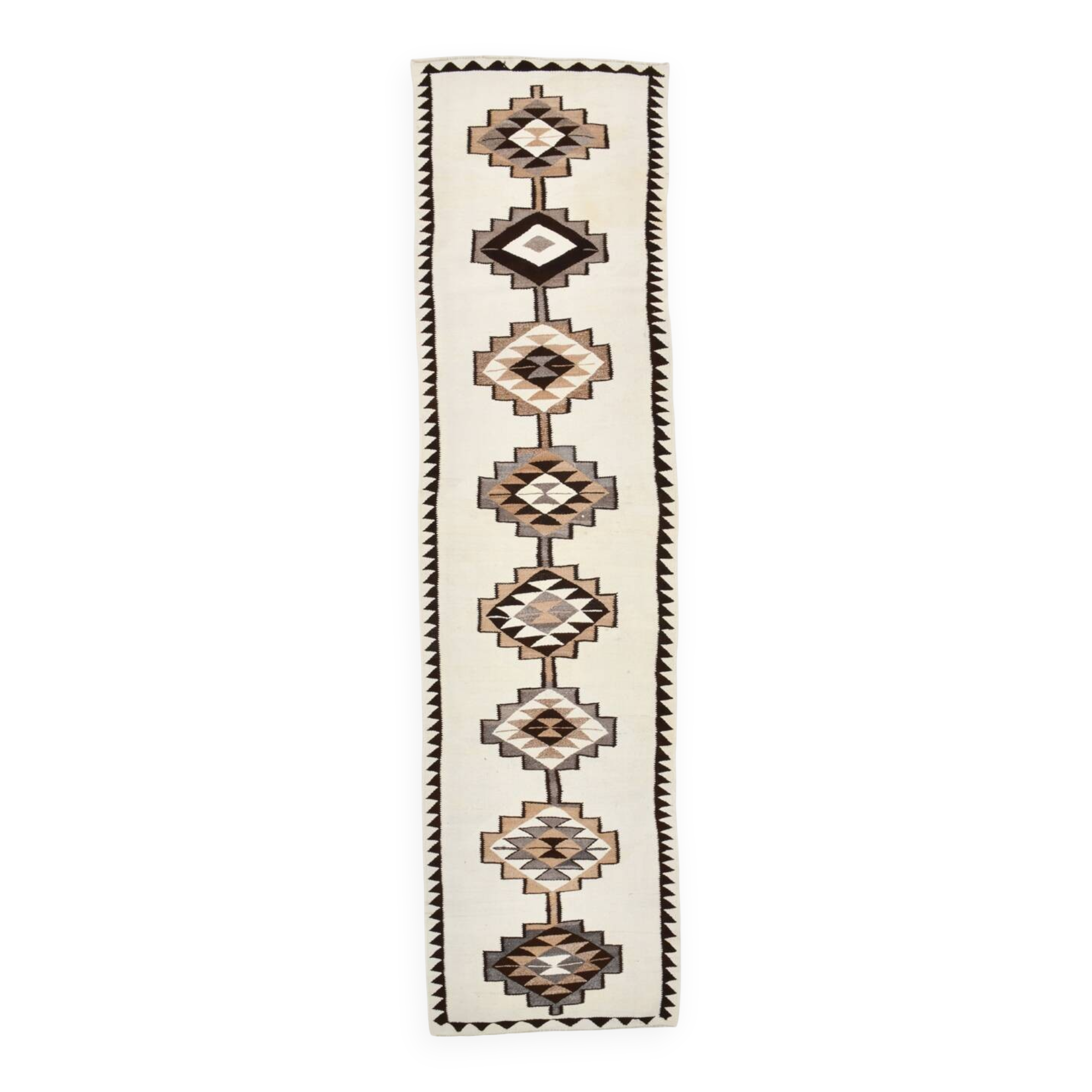 Tapis runner kilim vintage beige marron, motifs géométriques 388x101cm