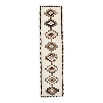 Tapis runner kilim vintage beige marron, motifs géométriques 388x101cm