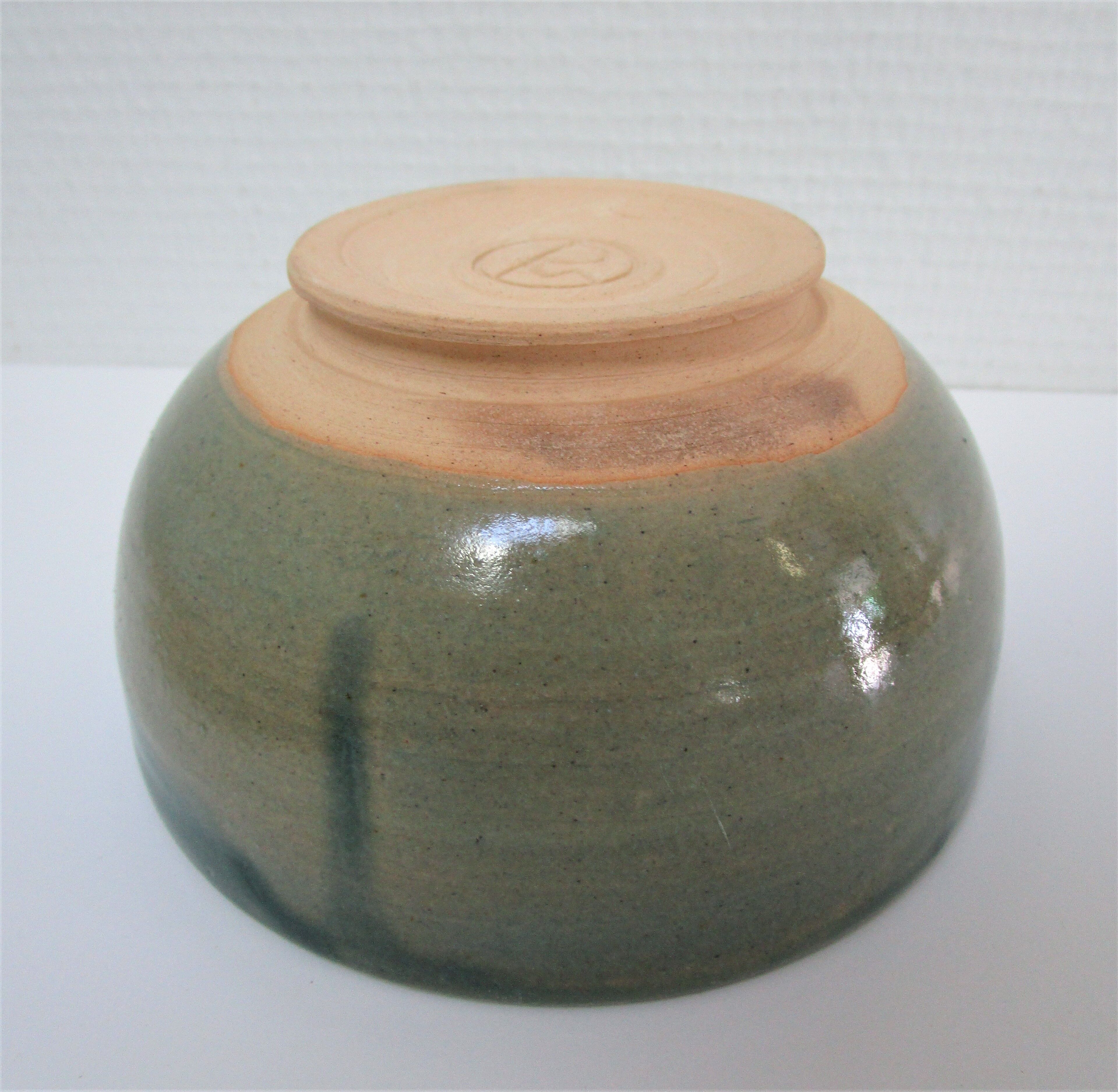 Bowl and round ceramic dish enamelled blue green brown vintage signed vintage