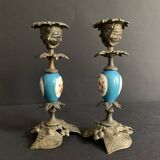 Pair of Napoleon III candlesticks in bronze and floral porcelain