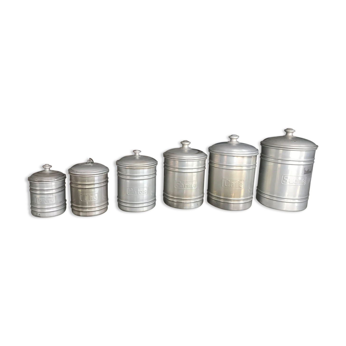 Series of 6 aluminum grocery jars