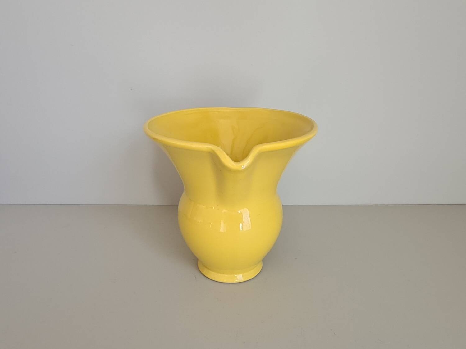 Modernist yellow ceramic pitcher / handmade / vintage / France / 1960s / mid-century / 20th century