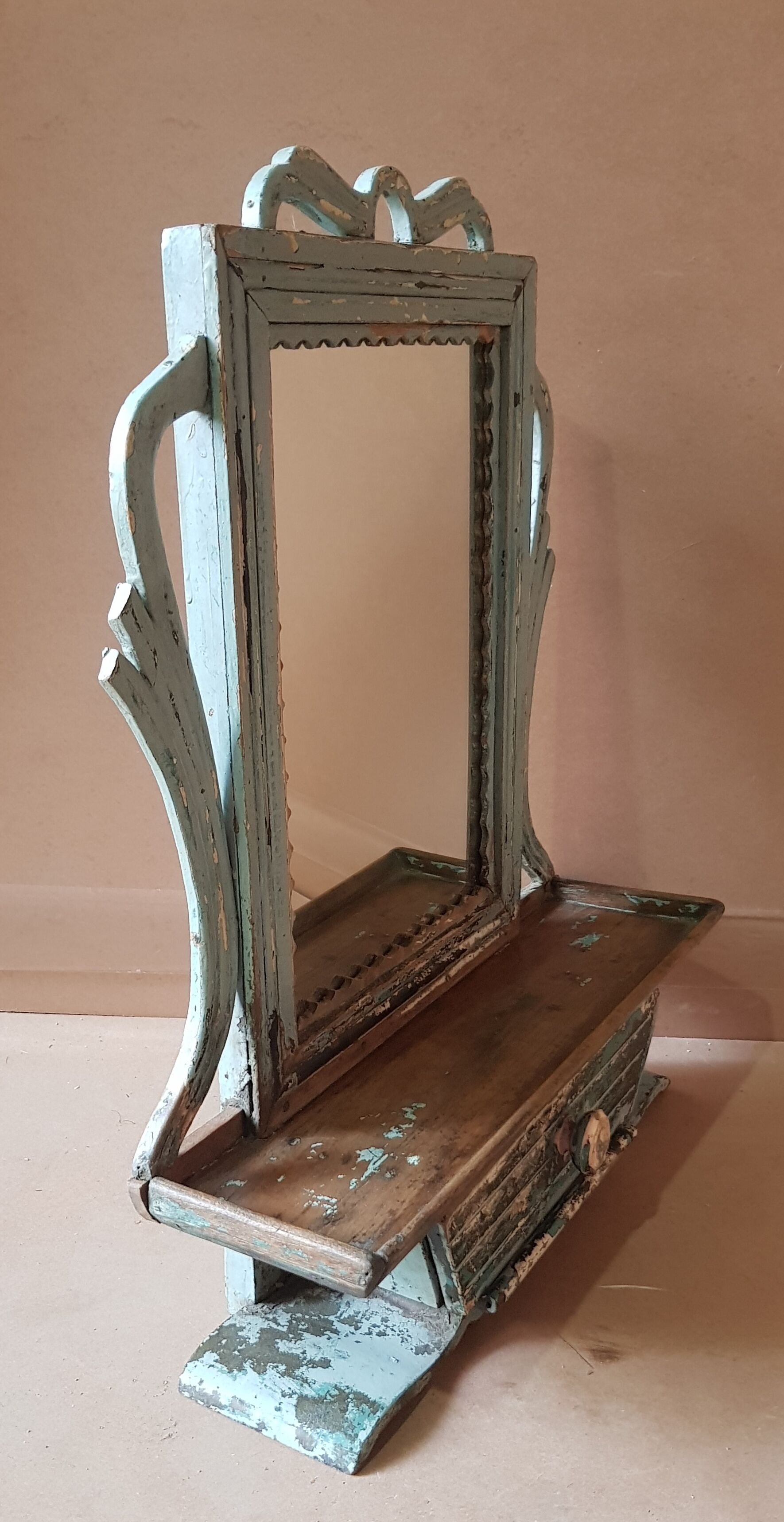 Mirror - Burmese Teak Art Deco wall shelf with original blue patina