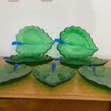 Set of 7 Vintage Green Leaf Shape Blown Glass Coupe Plates #C053