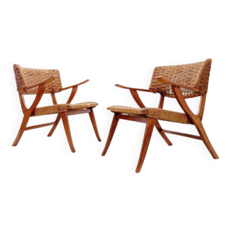 Pair of rope and wood armchairs - 1950s