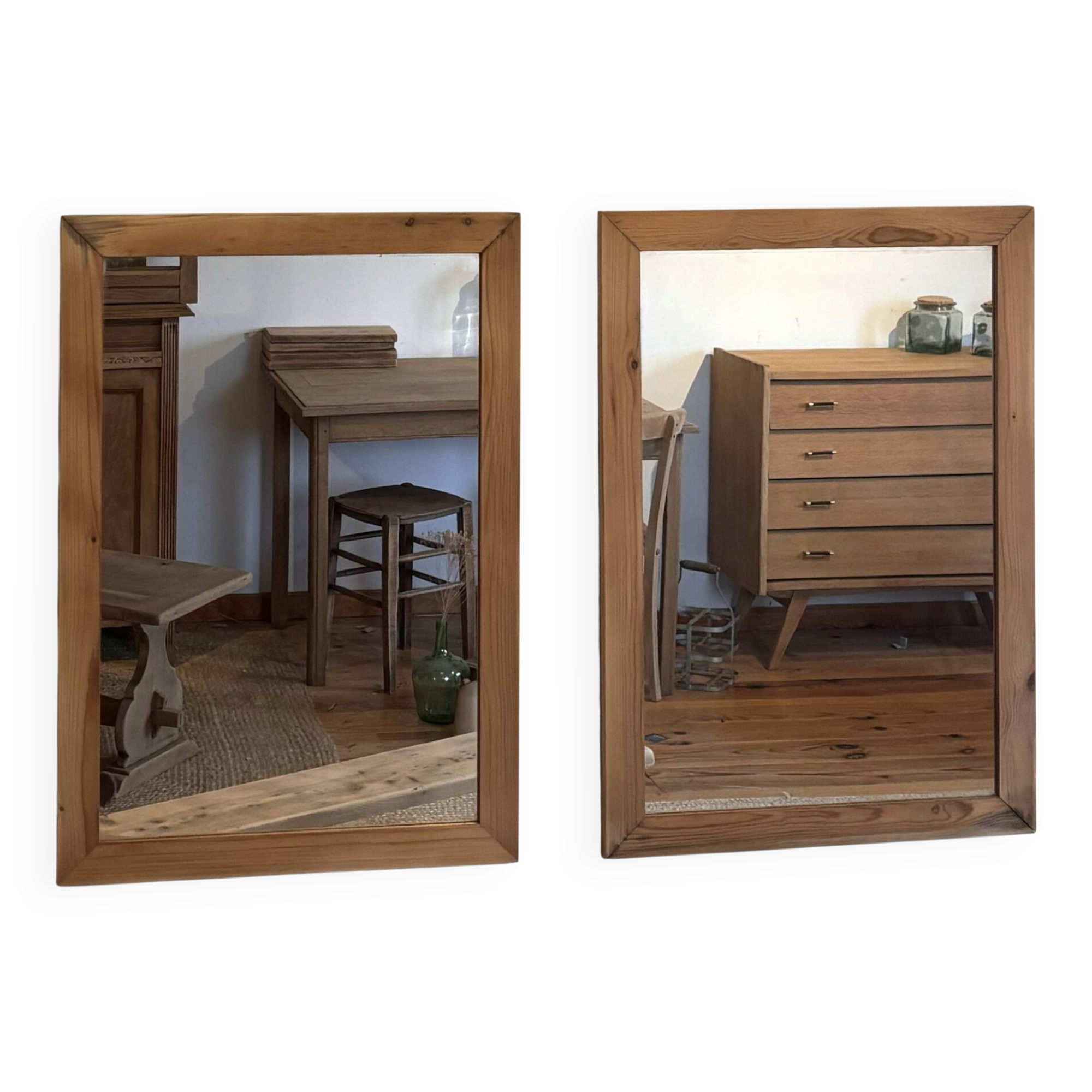 Pair of vintage antique mirrors in raw solid wood.