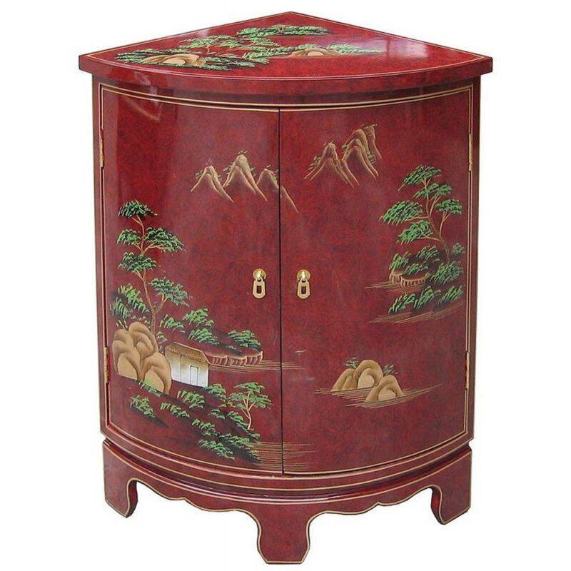 Red Chinese corner furniture with landscape patterns.