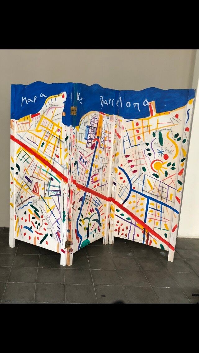 Painted wooden screen with the map of Barcelona 210 W x 170 H